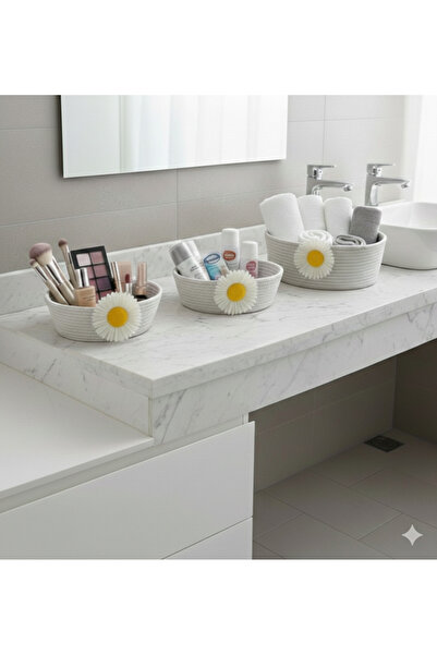 MutluBiDünya Banyo Düzenleyici 3'lü Sepet Papatyalı Sepet çok Amaçlı Sepet