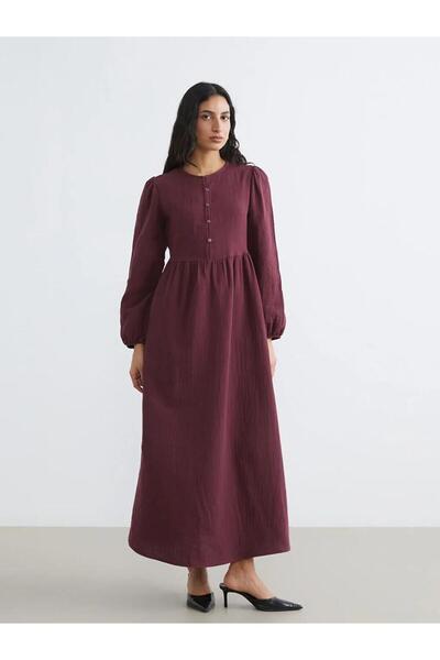 LC Waikiki Indigo Crew Neck Balloon Sleeve Muslin Dress (S6)