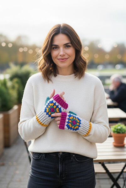 satürn hobi örgü tasarım Knitted Bohemian Motif Fingerless Gloves
