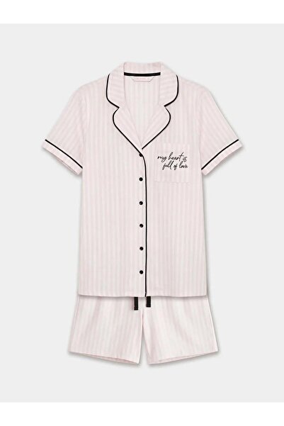 LC Waikiki Ecru Shirt Collar Striped Women's Shorts Pajama Set (S6)