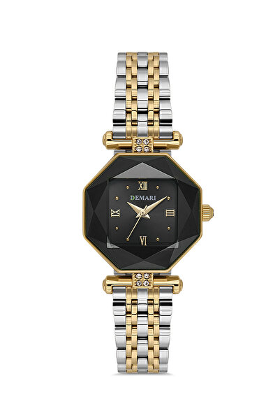 DEMARİ ساعة يد نسائية بحركة كوارتز - سوار ذهبي وفضي بمينا أسود DM-00110L-D2