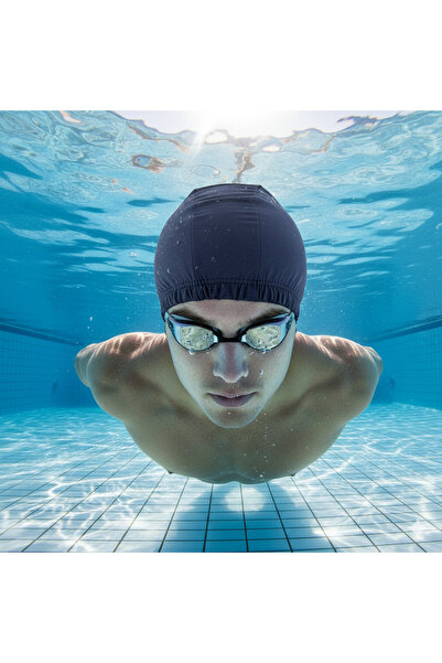 tayuya Lacivert Mikro Kumaş Yüzücü Bonesi - Alın Bölgesi Esnek Lastikli ve Te...