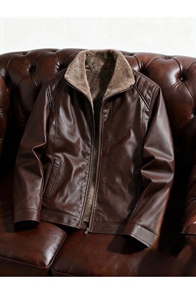 FASHION Kışlık İçi Peluş Erkek Suni Deri Ceket - Termal, Rüzgar Geçirmez