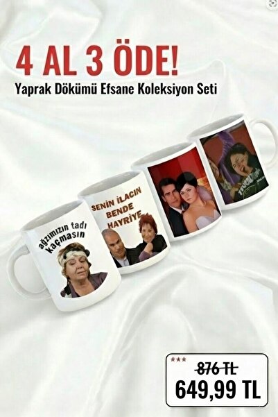 sartre art Yaprak Dökümü Efsane Set 4 Al Öde Kupa Bardak