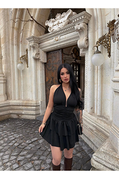 kırmızı butiks Siyah Boyundan Geçmeli Drapeli Elbise