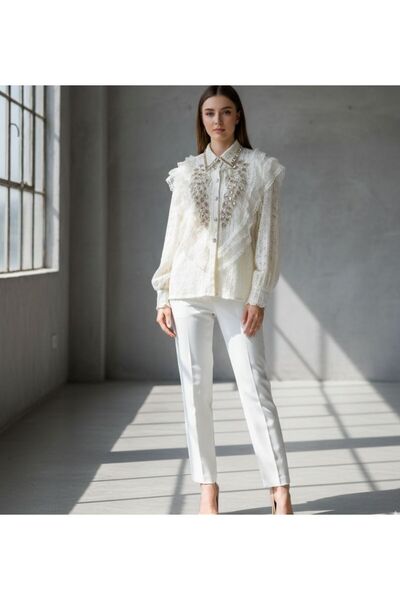 Rabiossa Kadın Kristal Taş İşlemeli ve Volanlı Dantel Gömlek