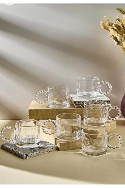 Home 6 ليغلاسات زجاجية سعة 325 مل، كوب شاي كبير الحجم بمقبض مموج مزخرف بالخرز