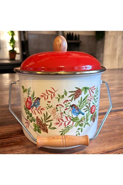 ALEV EMAYE 3 Liter Enamel Bakraç – Red Flower Pattern Wooden Handle, Lid, Yog...