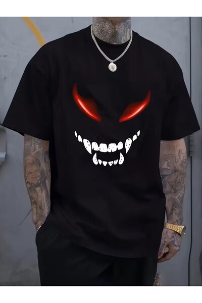 oneagılyazı Red Face Pattern Black T-Shirt for Men - Casual Round Neck, Short...