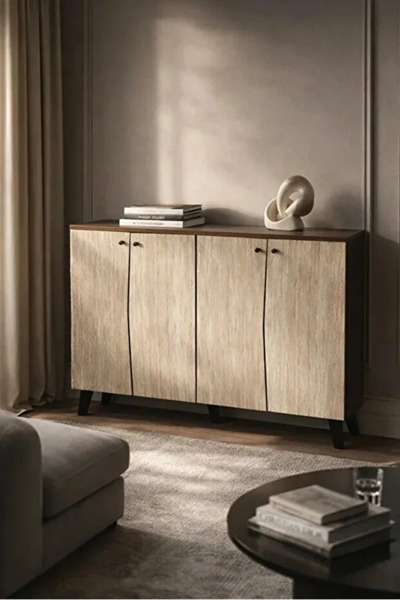 Arnohome A dark brown and beige shoe cabinet with a simple and modern design,...