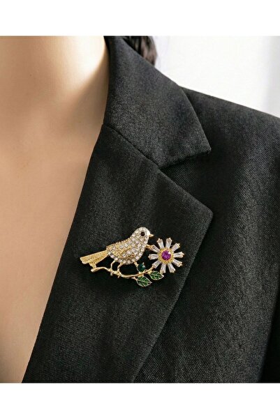 FESECRAFT Zirkon Taş Detaylı Kuş Çiçek Broş Kadın Aksesuar Yaka Ceket Süsü