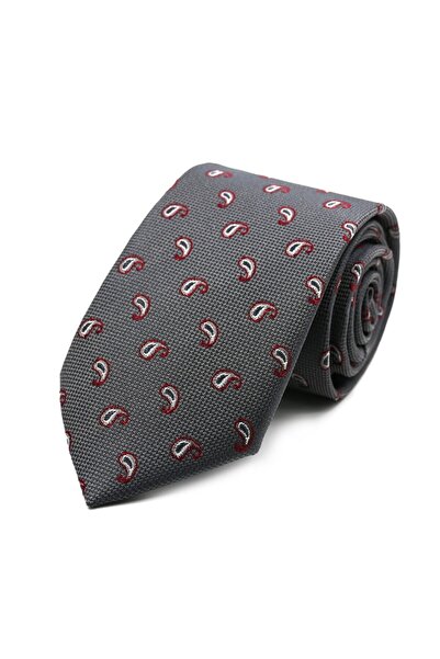 Sade Kravat Gri Kırmızı Beyaz Küçük Şal Desenli Kravat 32848 Gri