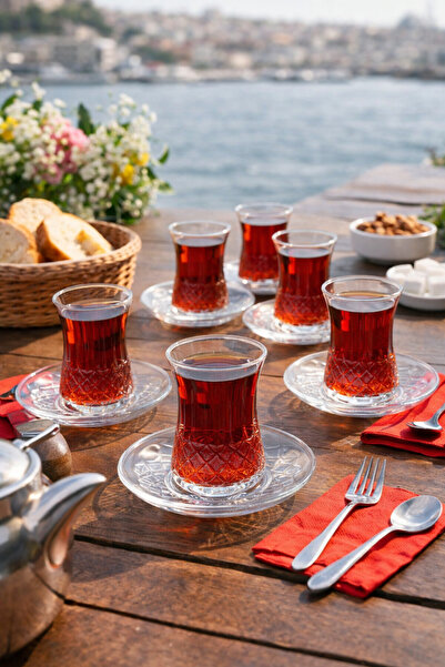 Homerest 6 Kişilik Özel Tasarım Cam Çay Bardağı ve Çay Tabağı Seti, Şeffaf De...