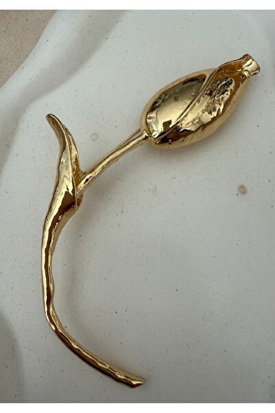 KARE ACCESORIES Gold Renk Dokulu Metal Lale Figürlü Tasarım Broş - Vintage Gö...