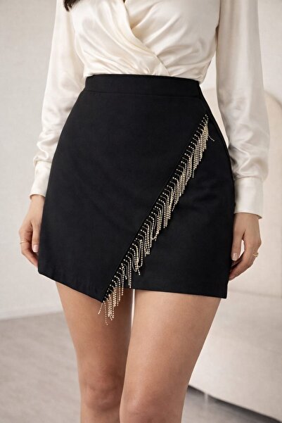 Store Kadın Siyah Asimetrik Kesim Taş Detaylı Mini Etek