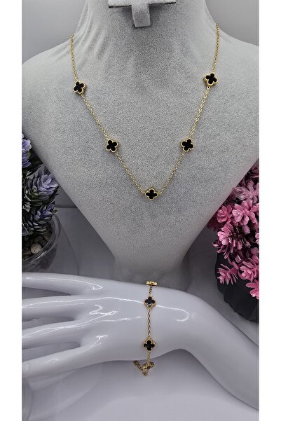 ahsenaksesuar2025 Küçük Boy Siyah Van Cleef Yonca Model Gold Renk Paslanmaz Ç...