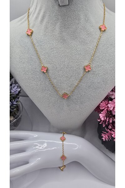 ahsenaksesuar2025 Küçük Boy Pembe Van Cleef Yonca Model Gold Renk Paslanmaz Ç...