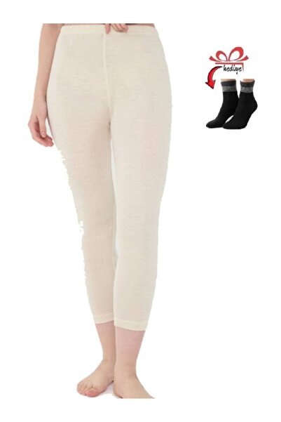 Velora Shopping Uygur Kadın Beyaz Saf Yün Tayt+Bilek üstü yarım çorap