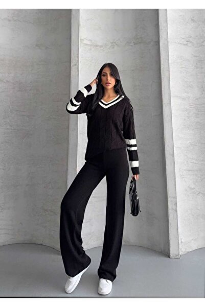 Azra Moda Style New Season Striped Double Knit Detail Knitwear Set for Women