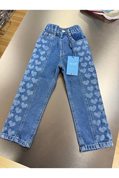 babymoon kids Girl's Blue Heart Patterned Denim Trousers Jean Jeans