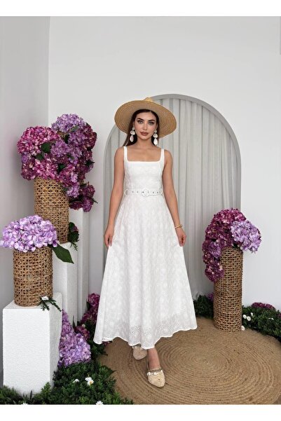 Nils Kids Butik Kemerli Brode Askılı Midi Beyaz Elbise