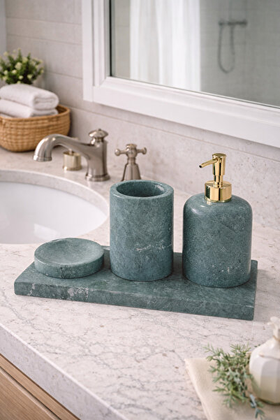 zekmar home stone Yeşil mermer 4'lü banyo seti