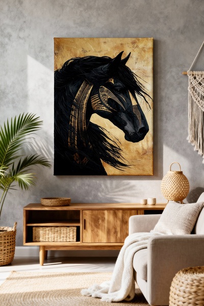 ART NEST DEKOR MISIR HİYEROGLİFLİ SİYAH AT CANVAS TABLO