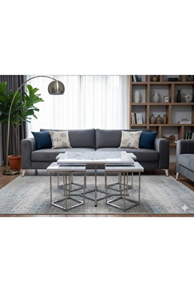 Nokta Sehpa Home LÜKS MODERN 4+1 GÜMÜŞ METAL BEYAZ MERMER TABLA 5Lİ set ORTA ...