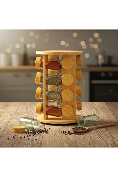 Skygo 16'lı Döner Standlı Bambu Baharatlık Seti – 360° Dönebilen Ahşap Tezgah...
