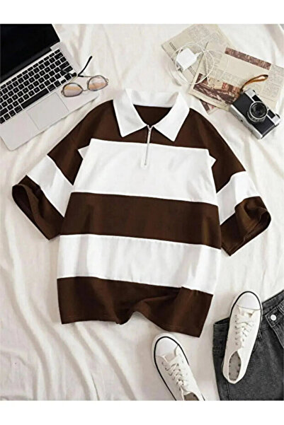 LiyAdaCo Unisex Brown White Oversize Polo Collar Zippered Segmented Polo T-Sh...