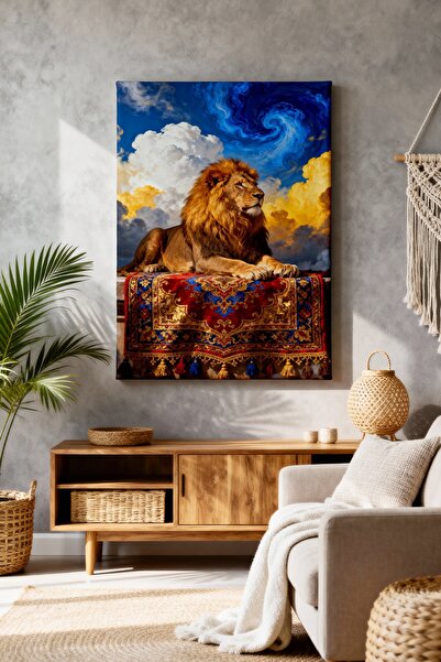 ART NEST DEKOR KIRMIZI HALI ÜSTÜNDEKİ ASLAN CANVAS TABLO