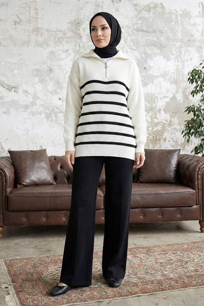 MODAQU Zippered Striped Knitwear Sweater - Ecru