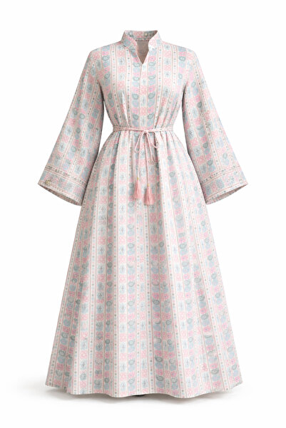 UD جلابية نسائية بنقشة تراثية بألوان باستيل مع حزام قيطان – قصة مريحة وأكمام ...