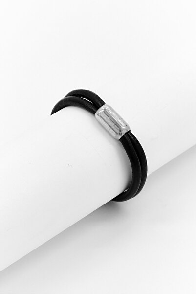 Steeltime Men Leather Bracelet With Stainless Steel Magnetic Clasp, Black