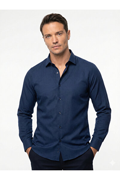 elitpark Navy Blue Solid Color Cotton Men's Shirt
