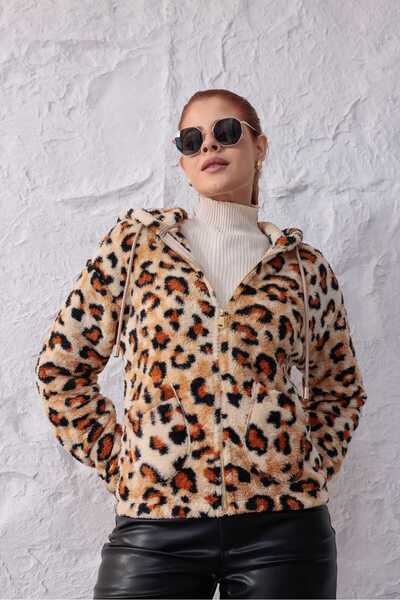 Azra Moda Style New Season Leopard Patterned Hooded Zippered Plush Cardigan f...