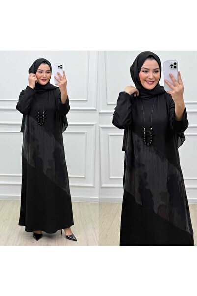 Marka Silk Digital Print Hijab Dress with Detailed Collar and Necklace