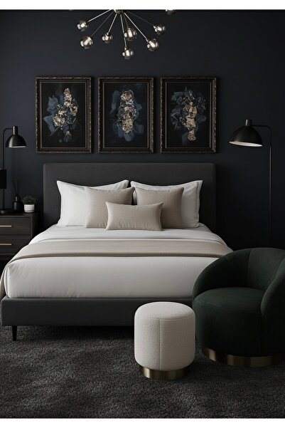 JACA 3'lü Keten Kumaş Dekoratif Yatak Runner & 3 Adet İç Dolgulu Yastık Kırle...