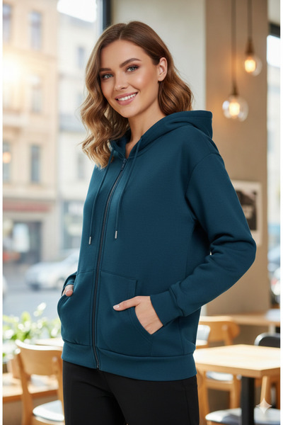 LiyAdaCo Unisex Oversize Petrol Blue Zippered Hooded Cardigan-Premium Sportswear