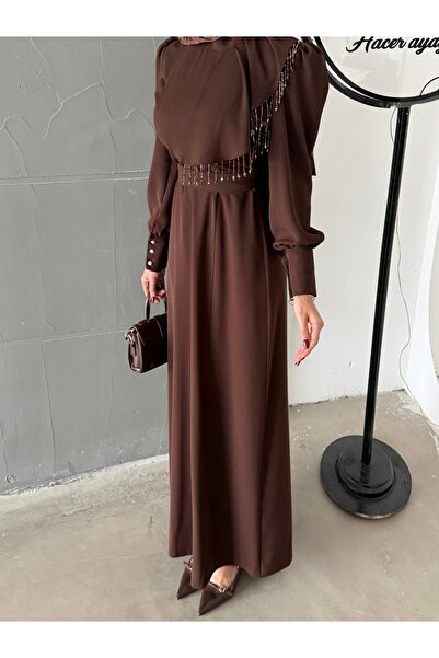 Aranlı tekstil Crepe Fabric Hijab Dress with Shoulder Detail