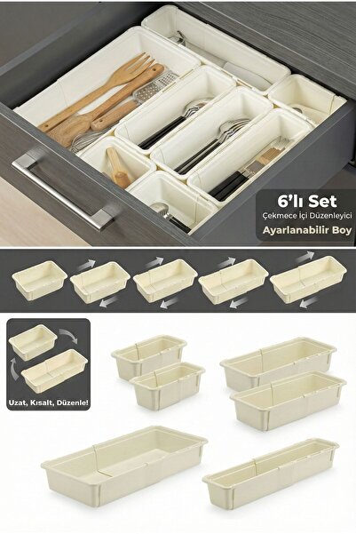 Funny Life 6-Piece Adjustable Spoon Holder Set Beige - Extendable Drawer Modu...