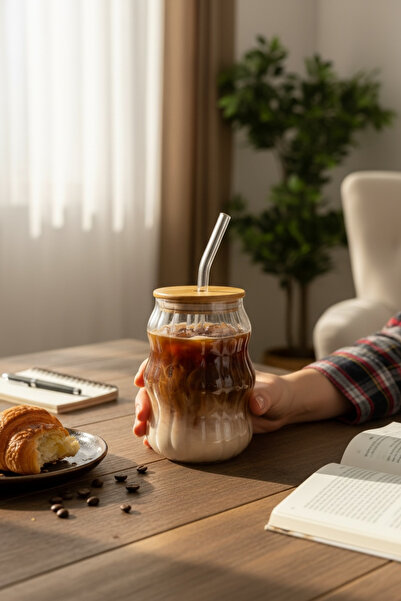 zezedesing Glass Patterned Cup with Bamboo Lid 450 ml – Cold Coffee and Bever...