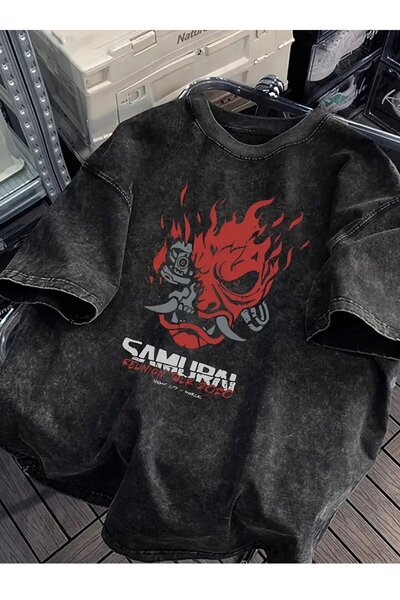 Le Savu Washable Samurai Printed Unisex Oversize Vintage T-Shirt