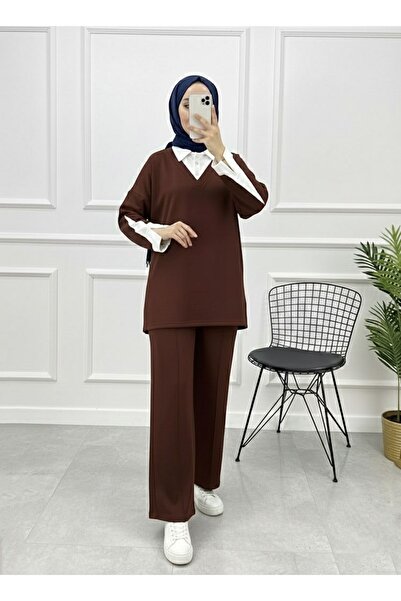 Foremia White Collar Sleeve Paneled Sets-Brown