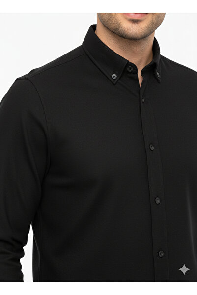 Balgüneş Tekstil Erkek Slim Fit Likralı Örme Oxford Çıtçıtlı Gömlek - Siyah