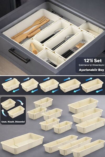 Funny Life 12-Piece Adjustable Spoon Holder Set Beige - Extendable Drawer Mod...