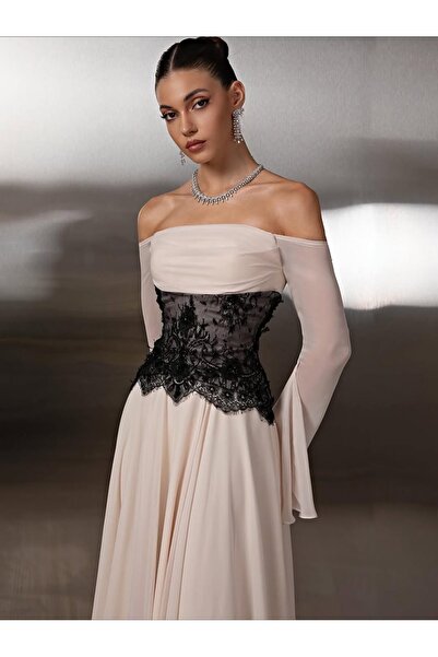 STAYILK DRESSES Elegant beige evening dress with black trim 👗🔥🔥