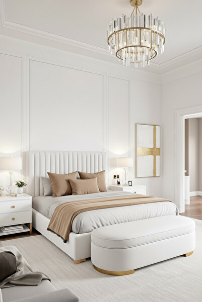 JACA 4'lü Kadife Kumaş Dekoratif Yatak Runner & İç Dolgulu Yastık Kırlent Seti