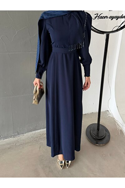 Aranlı tekstil Crepe Fabric Hijab Dress with Shoulder Detail