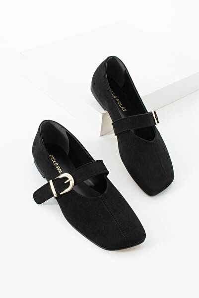 diclepolat Women's Black Suede Square Toe Buckle Ballerina Mary Jane Shoes Ve...